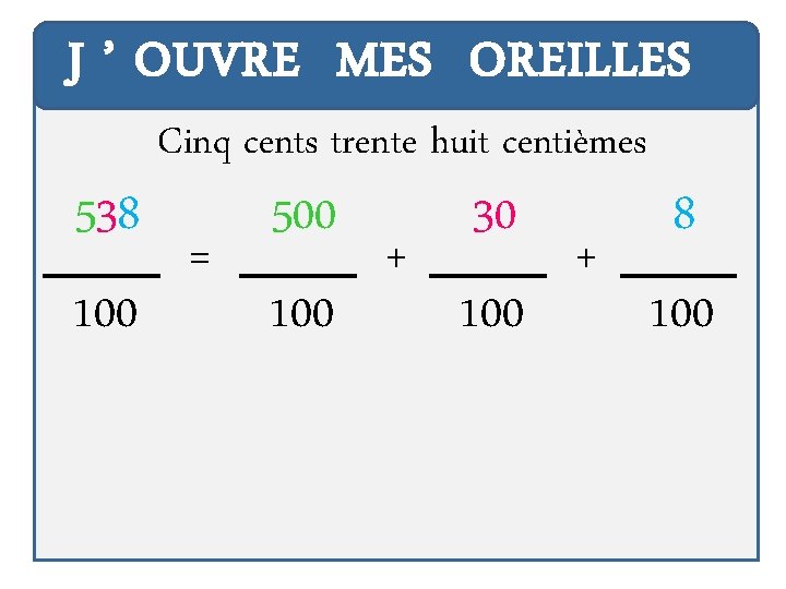 J ’ OUVRE MES OREILLES 538 100 Cinq cents trente huit centièmes = 500