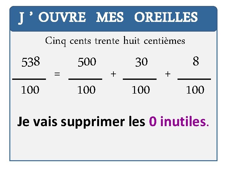 J ’ OUVRE MES OREILLES 538 100 Cinq cents trente huit centièmes = 500