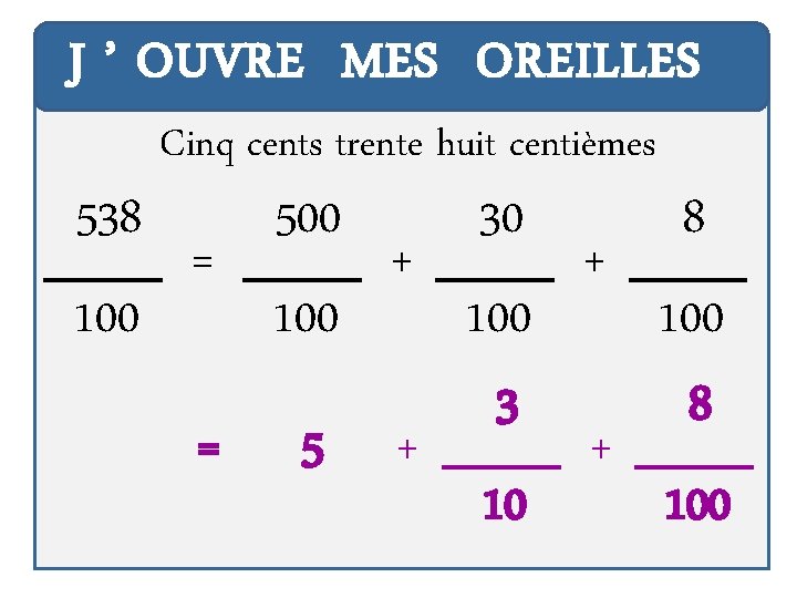 J ’ OUVRE MES OREILLES 538 100 Cinq cents trente huit centièmes = =