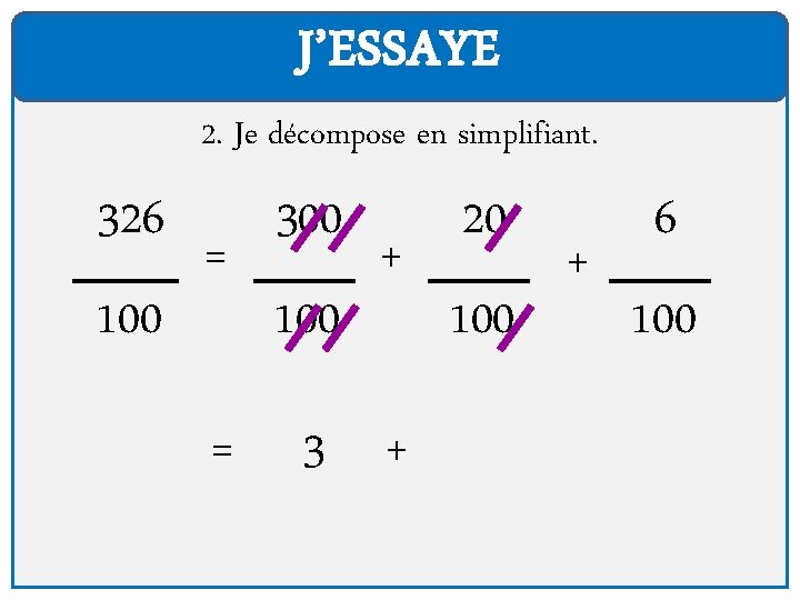 J’ESSAYE 2. Je décompose en simplifiant. 326 100 = = 300 100 + 3