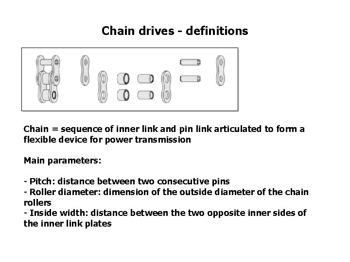 Chain drives - definitions Chain = sequence of inner link and pin link articulated