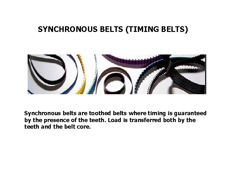 SYNCHRONOUS BELTS (TIMING BELTS) Synchronous belts are toothed belts where timing is guaranteed by