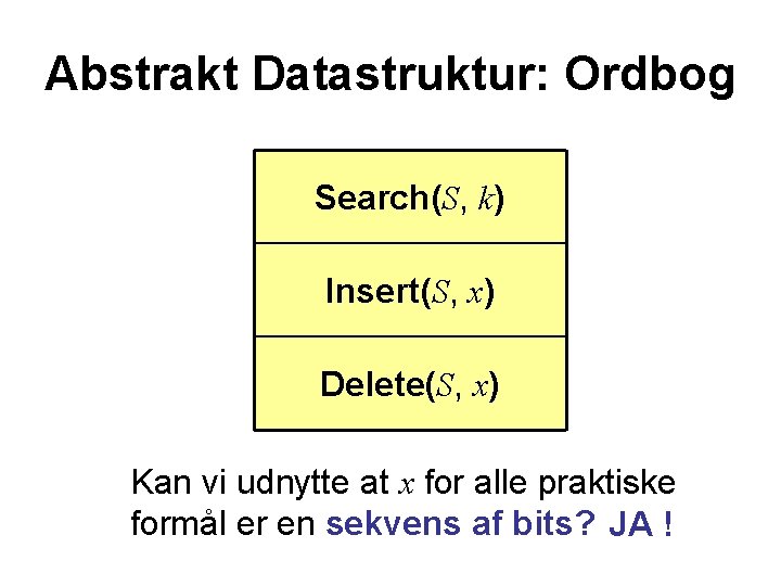 Abstrakt Datastruktur: Ordbog Search(S, k) Insert(S, x) Delete(S, x) Kan vi udnytte at x