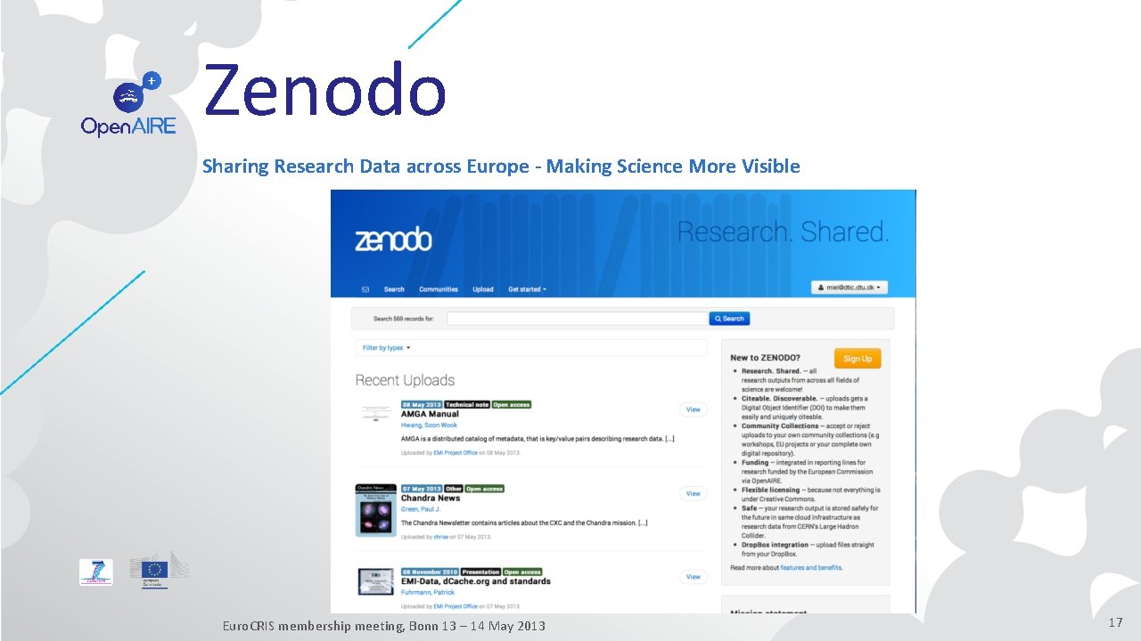 Zenodo Sharing Research Data across Europe - Making Science More Visible Euro. CRIS membership