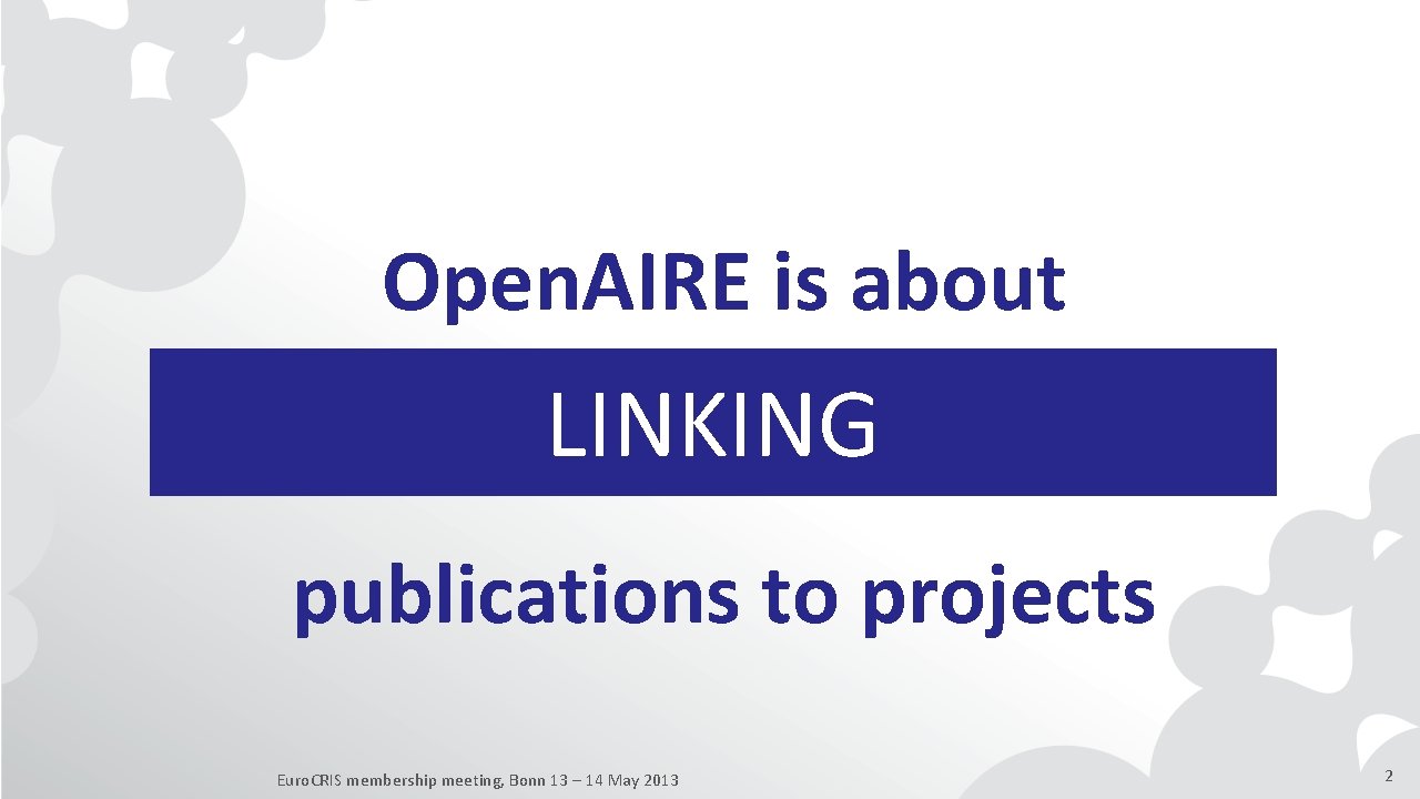 Open. AIRE is about LINKING publications to projects Euro. CRIS membership meeting, Bonn 13