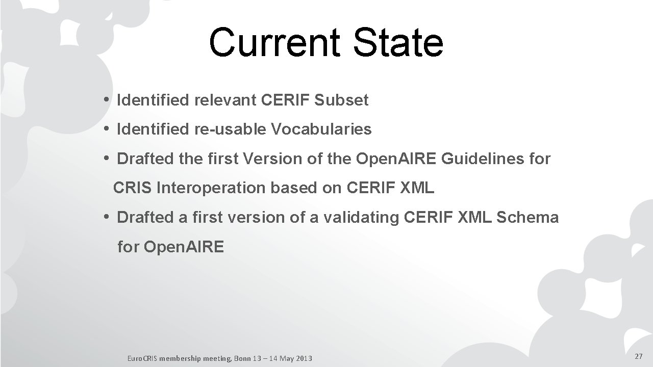 Current State • Identified relevant CERIF Subset • Identified re-usable Vocabularies • Drafted the