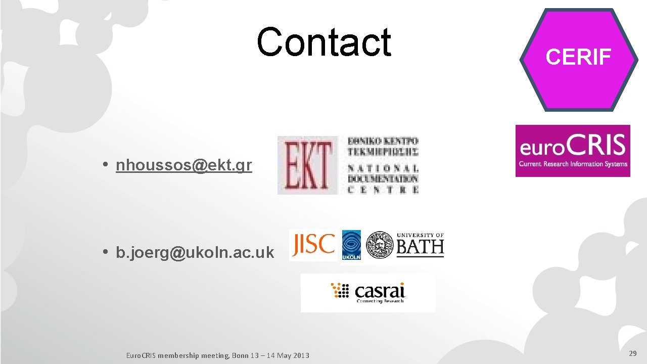Contact CERIF • nhoussos@ekt. gr • b. joerg@ukoln. ac. uk Euro. CRIS membership meeting,