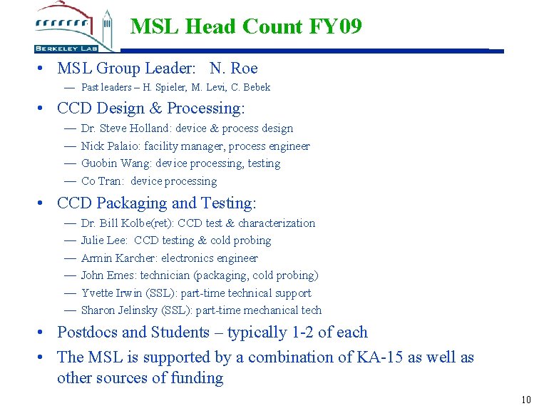 MSL Head Count FY 09 • MSL Group Leader: N. Roe — Past leaders