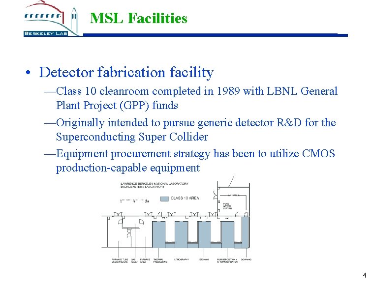 MSL Facilities • Detector fabrication facility —Class 10 cleanroom completed in 1989 with LBNL