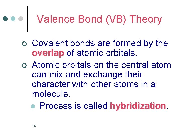 Valence Bond (VB) Theory ¢ ¢ Covalent bonds are formed by the overlap of