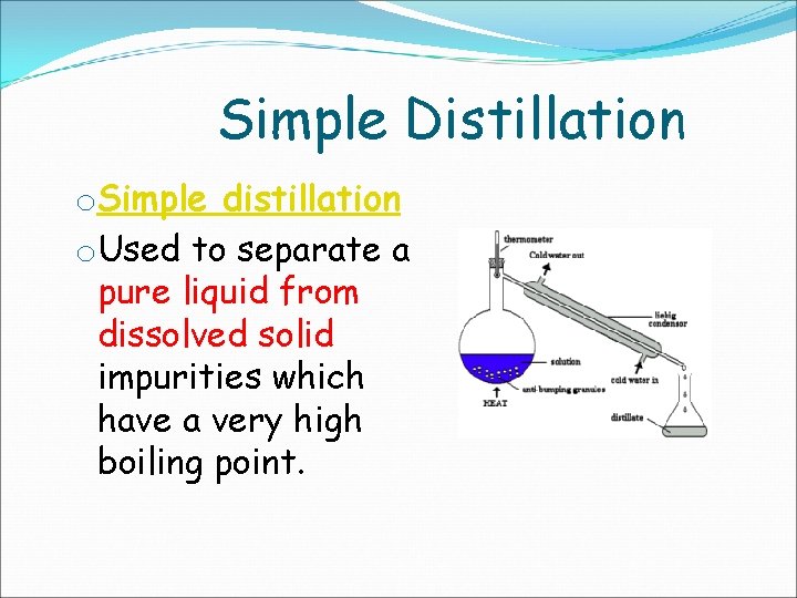 Simple Distillation o. Simple distillation o. Used to separate a pure liquid from dissolved