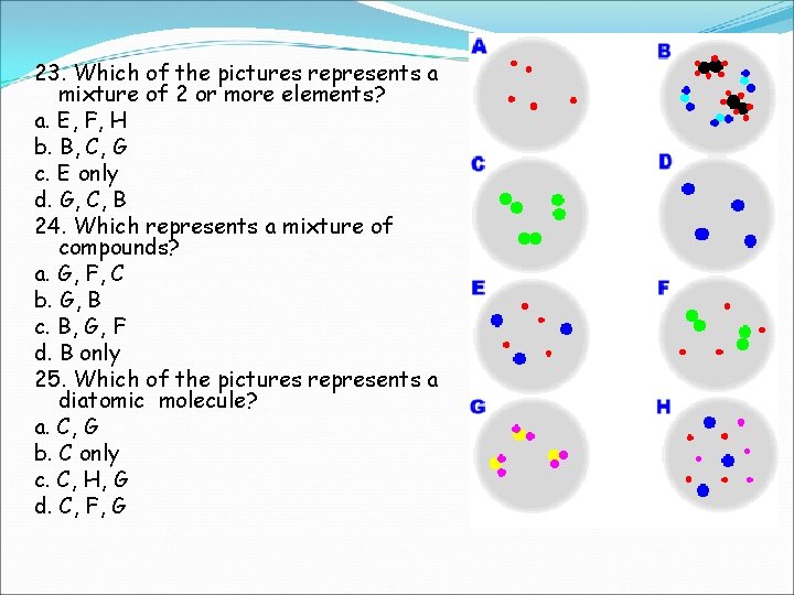 23. Which of the pictures represents a mixture of 2 or more elements? a.