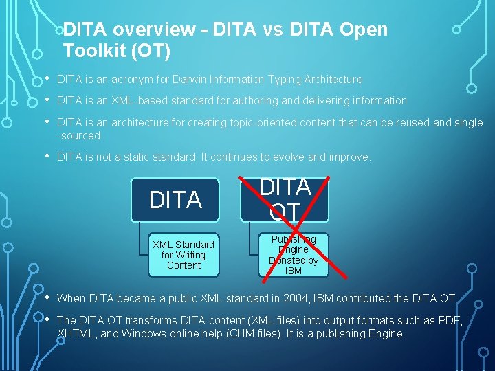 DITA overview - DITA vs DITA Open Toolkit (OT) • DITA is an acronym