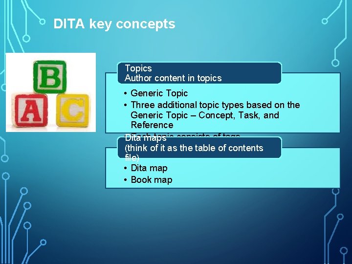 DITA key concepts Topics Author content in topics • Generic Topic • Three additional