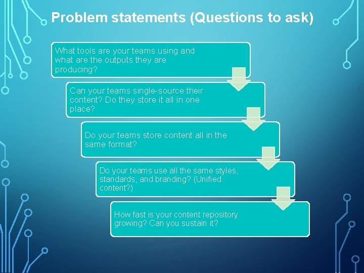 Problem statements (Questions to ask) What tools are your teams using and what are
