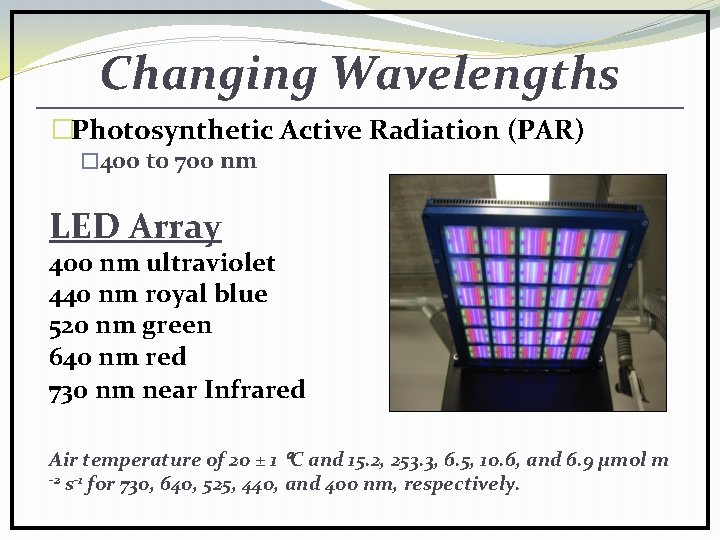 Changing Wavelengths �Photosynthetic Active Radiation (PAR) � 400 to 700 nm LED Array 400