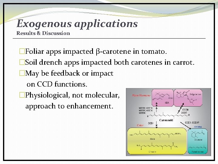 Exogenous applications Results & Discussion �Foliar apps impacted β-carotene in tomato. �Soil drench apps