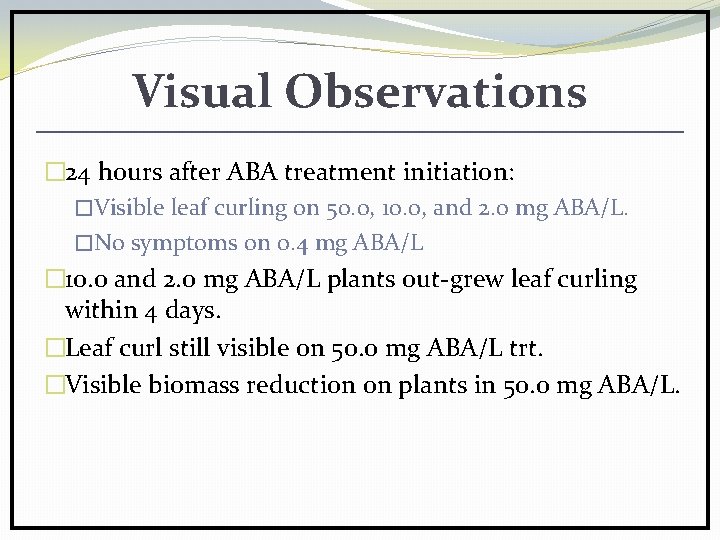 Visual Observations � 24 hours after ABA treatment initiation: �Visible leaf curling on 50.