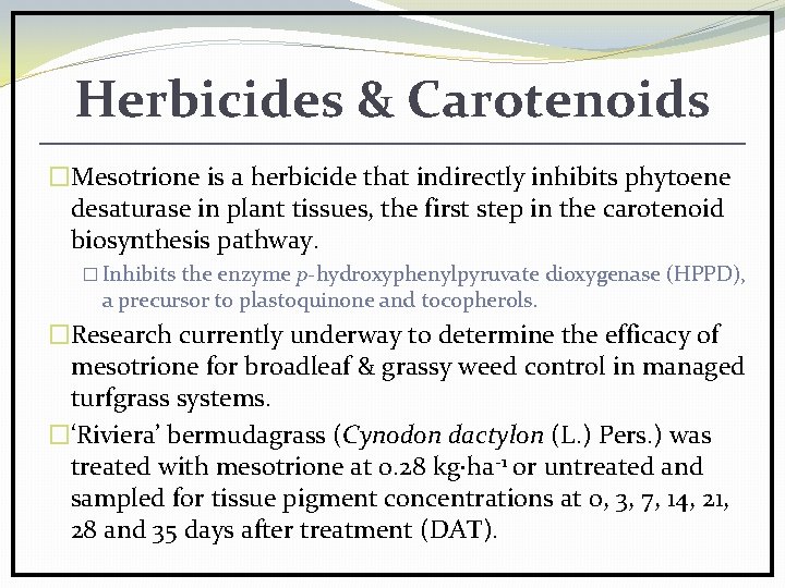 Herbicides & Carotenoids �Mesotrione is a herbicide that indirectly inhibits phytoene desaturase in plant