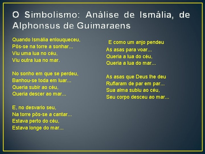 O Simbolismo: Análise de Ismália, de Alphonsus de Guimaraens Quando Ismália enlouqueceu, Pôs-se na