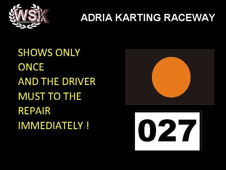 ADRIA KARTING RACEWAY SHOWS ONLY ONCE AND THE DRIVER MUST TO THE REPAIR IMMEDIATELY