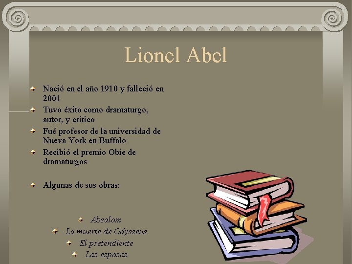 Lionel Abel Nació en el año 1910 y falleció en 2001 Tuvo éxito como