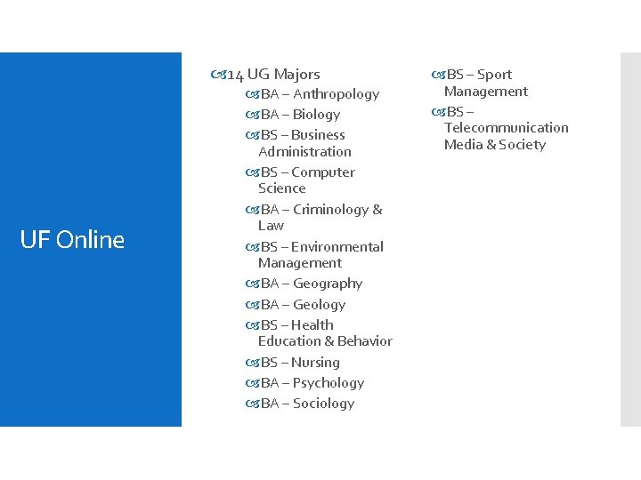  14 UG Majors UF Online BA – Anthropology BA – Biology BS –