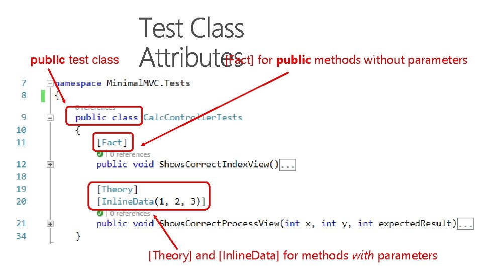 public test class [Fact] for public methods without parameters [Theory] and [Inline. Data] for