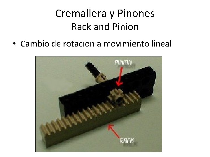 Cremallera y Pinones Rack and Pinion • Cambio de rotacion a movimiento lineal 