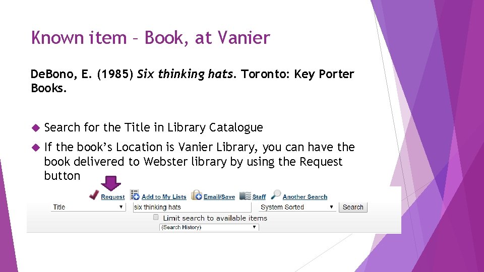 Known item – Book, at Vanier De. Bono, E. (1985) Six thinking hats. Toronto: