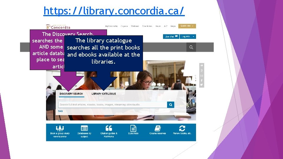 https: //library. concordia. ca/ The Discovery Search, searches the library catalogue The library catalogue