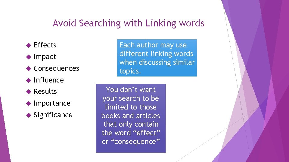 Avoid Searching with Linking words Effects Impact Consequences Influence Results Importance Significance Each author