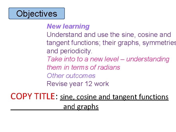 Objectives New learning Understand use the sine, cosine and tangent functions; their graphs, symmetries