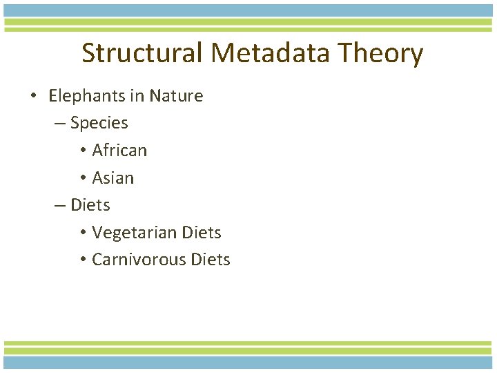 Structural Metadata Theory • Elephants in Nature – Species • African • Asian –