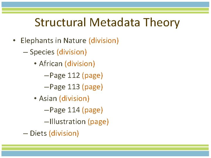 Structural Metadata Theory • Elephants in Nature (division) – Species (division) • African (division)