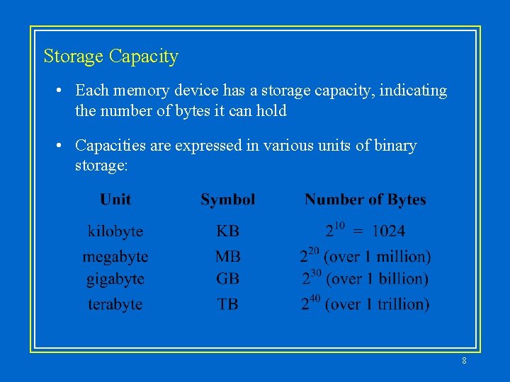 Storage Capacity • Each memory device has a storage capacity, indicating the number of