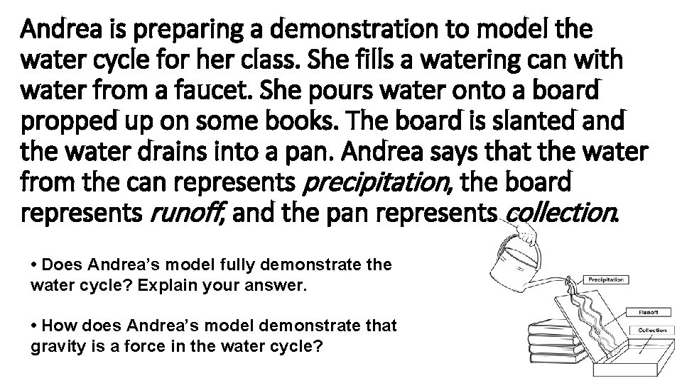 Andrea is preparing a demonstration to model the water cycle for her class. She