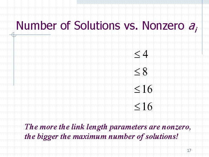 Number of Solutions vs. Nonzero ai The more the link length parameters are nonzero,
