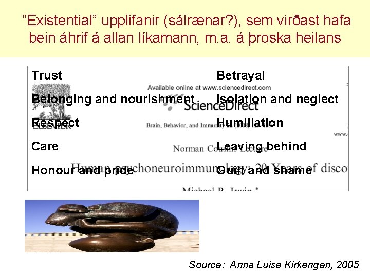 ”Existential” upplifanir (sálrænar? ), sem virðast hafa bein áhrif á allan líkamann, m. a.