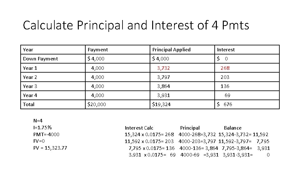 Calculate Principal and Interest of 4 Pmts Year Payment Principal Applied Interest Down Payment