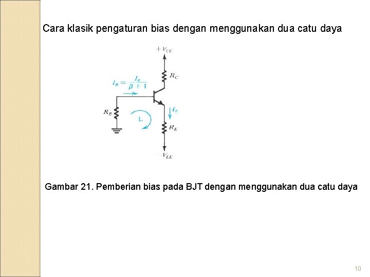 Cara klasik pengaturan bias dengan menggunakan dua catu daya Gambar 21. Pemberian bias pada