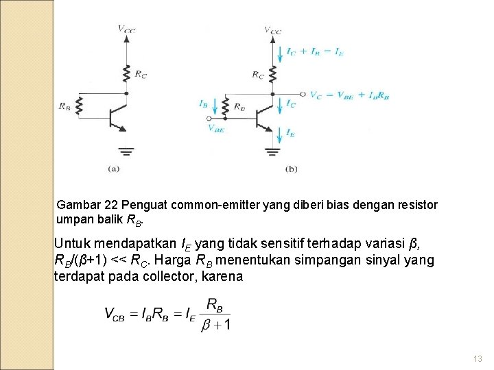Gambar 22 Penguat common-emitter yang diberi bias dengan resistor umpan balik RB. Untuk mendapatkan