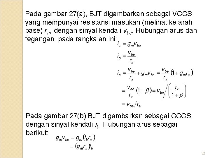 Pada gambar 27(a), BJT digambarkan sebagai VCCS yang mempunyai resistansi masukan (melihat ke arah