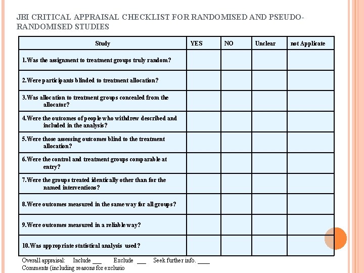 JBI CRITICAL APPRAISAL CHECKLIST FOR RANDOMISED AND PSEUDORANDOMISED STUDIES Study YES 1. Was the