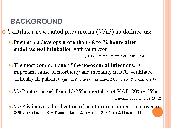 BACKGROUND Ventilator-associated pneumonia (VAP) as defined as: Pneumonia develops more than 48 to 72