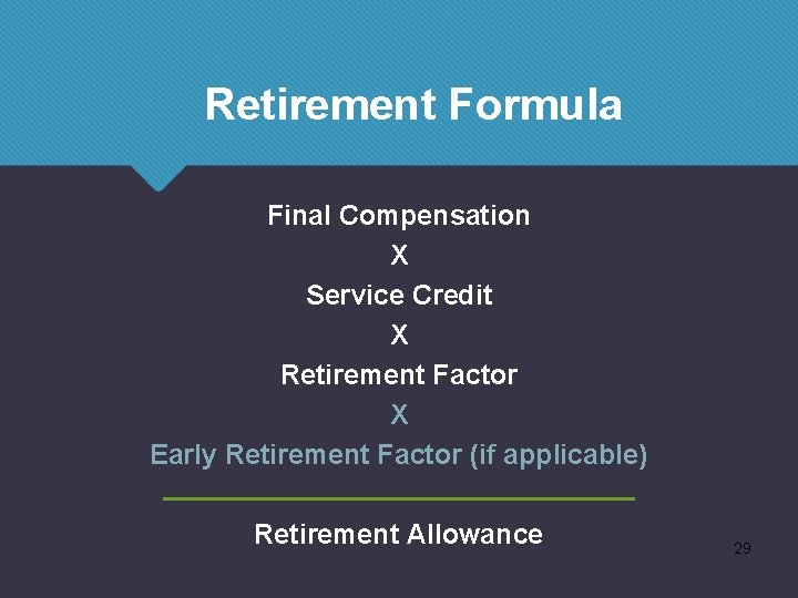 Retirement Formula Final Compensation X Service Credit X Retirement Factor X Early Retirement Factor