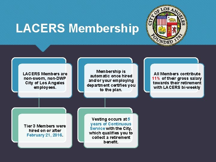LACERS Membership LACERS Members are non-sworn, non-DWP City of Los Angeles employees. Membership is