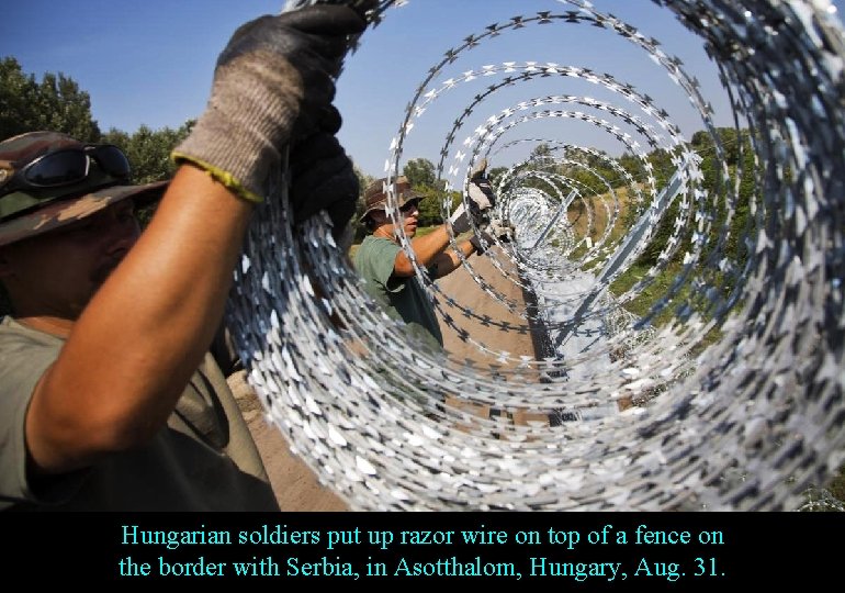 Hungarian soldiers put up razor wire on top of a fence on the border