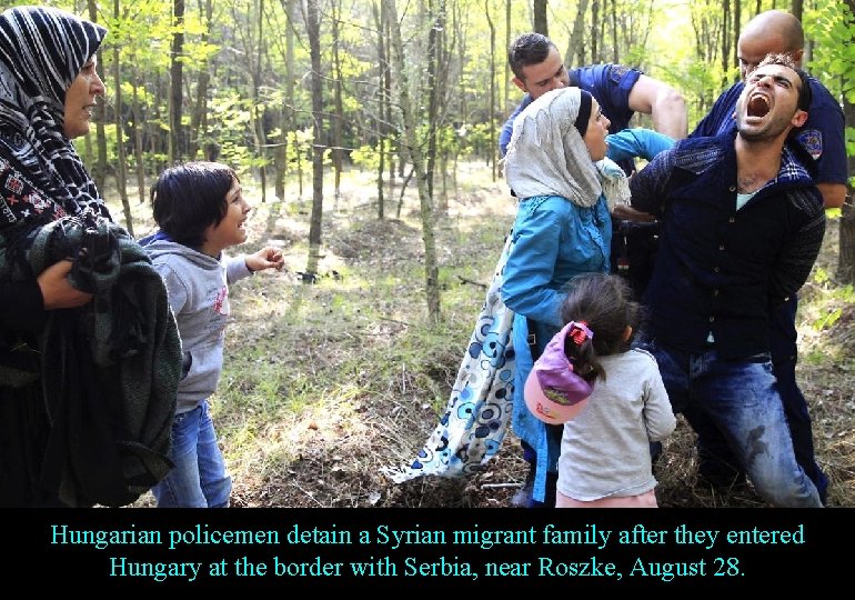 Hungarian policemen detain a Syrian migrant family after they entered Hungary at the border