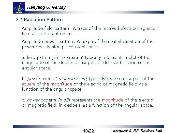 Hanyang University 2. 2 Radiation Pattern Amplitude field pattern : A trace of the